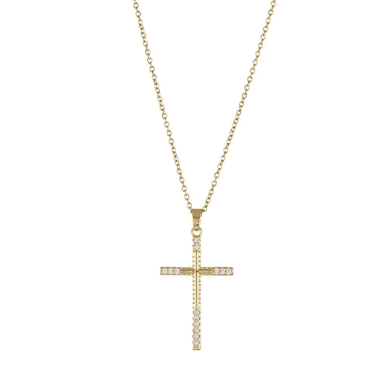 goude ketting met kruis pendant en zirkonia steentjes